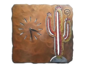 Cactus, Southwest Cut Out Clock, Sunset Swirl Finish, Steel, Metal Wall Art, Wall Hanging, Decor, Handmade, USA