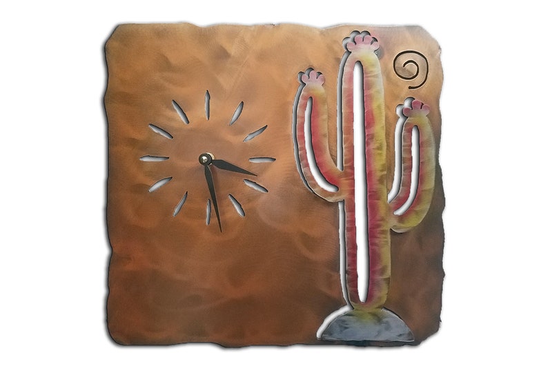 Cactus, Southwest Cut Out Clock, Sunset Swirl Finish, Steel, Metal Wall Art, Wall Hanging, Decor, Handmade, USA image 1