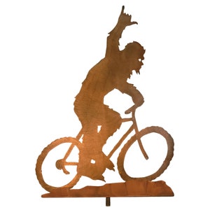 Bigfoot on Bike Statue Shaka Sign Sasquatch Metal Yard Art, Yeti Garden Sculpture, Rust Finish, Crooks Designs, Handmade in Arizona, USA