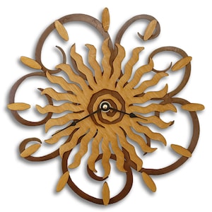 May include: A wooden wall clock with a sunburst design and intricate scrollwork. The clock face is made of wood and has a spiral pattern in the center.