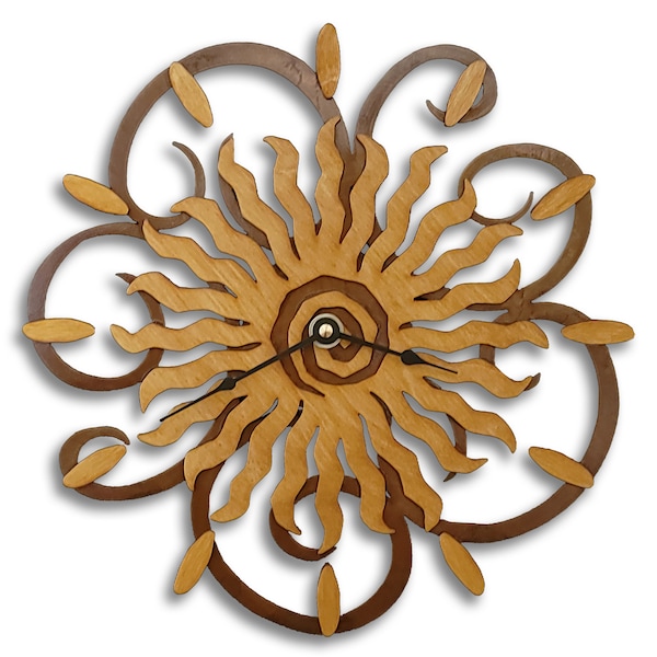 Sun Clock, 24 point, Southwest Sun Swirl Gold Wood on Rusted Steel Wall Clock - Choose from 11 1/4 or 17 1/2 Inch