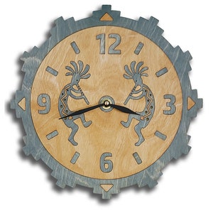 Kokopelli Pair Green Inlaid Wood on Rusted Steel Wall Clock