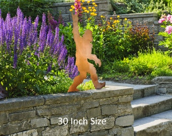 Sasquatch Walking Statue, Horns Sign, Bigfoot, Yeti, Metal Yard Art, Garden Statuary, Rust Finish, Crooks Designs, Handmade in Tucson, USA