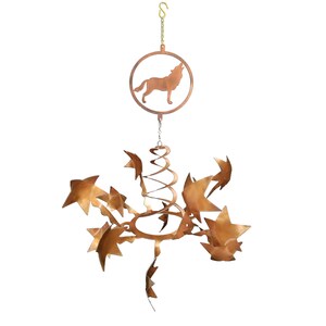 May include: A copper wind spinner with a wolf silhouette on the top and a spiral design with star-shaped pieces hanging from the bottom.
