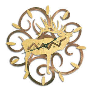 May include: A wooden wall clock with a silhouette of an elk with antlers, set against a copper-colored background with a swirling design.