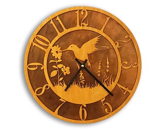 Tableau Hummingbird Clock, Hummingbird Wall Clock with Wood Face Mounted on Rusted Steel Back