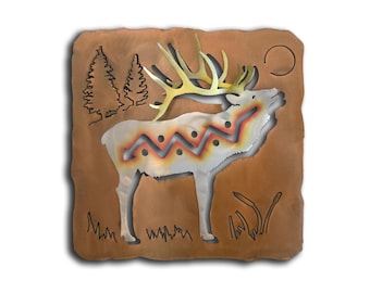 Cutout Metal Elk Wall Art, Sunset Swirl Finish, Woodland Decor