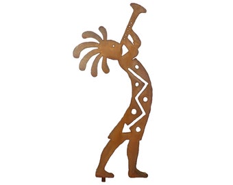 Kokopelli Trumpet Yard Art, Right Facing, Southwest Metal Sculpture, Rust Finish