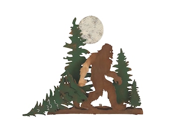 Sasquatch Christmas Wall Art, Table Top Metal Sculpture, BigFoot with Tree Cutout