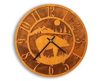 Tableau Bear Clock, Wood Face Mounted on Rusted Steel Back
