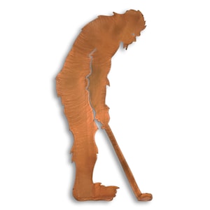 Bigfoot Golfing Metal Wall Art, Big Foot Element Collection, Steel Sasquatch Sculpture, Rust Finish, Available in Five Sizes.