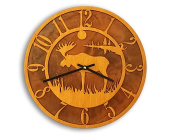 Tableau Moose Clock, Wood Face Mounted on Rusted Steel Back