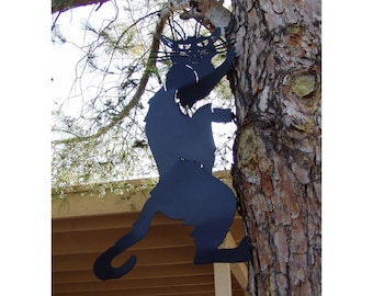 Black Cat Climbing Tree or Wall, El Gato Metal Yard Art, Steel Chat Noir Garden Statue, Halloween Decor
