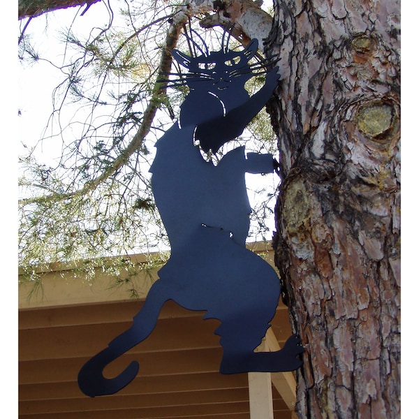 Black Cat Climbing Tree or Wall, El Gato Metal Yard Art, Steel Chat Noir Garden Statue, Halloween Decor