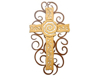 Southwest Swirl Wood Cross, Rusted Metal Wall Art