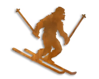 Sasquatch Skiing Metal Wall Art, Big Foot Element Collection, Steel Bigfoot Sculpture, Rust Finish, Crooks Designs, Made in USA, Five Sizes.