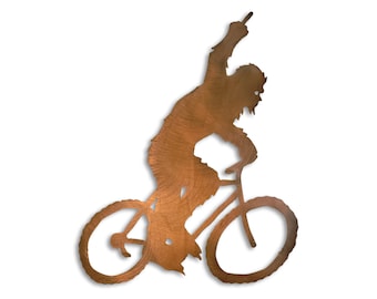 Sasquatch on Bike Flip Off Metal Wall Art, BigFoot Collection, Made in USA, Crooks Designs