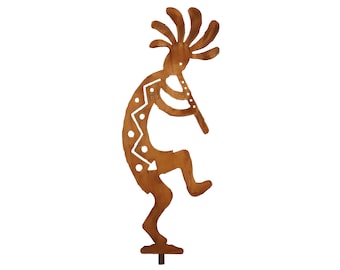 Kokopelli Flute Yard Art, Right Facing, Southwest Metal Sculpture, Rust Finish