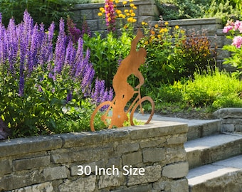 Sasquatch on Bike Statue Shaka Sign Bigfoot Metal Yard Art, Yeti Garden Sculpture, Rust Finish, Crooks Designs, Handmade in Arizona, USA