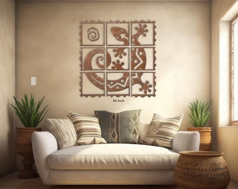 Large Gecko Lizard Metal Wall Art, Nine-Frame Polyptych, Extra large 9 Piece Southwest Rusted Wall Art, Available in 46 and 35-inch Sizes.