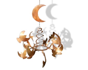 Southwest Wind Sculpture, Birds with Moon Wind Spinner, Southwestern Kinetic Metal Art,  Rust, Handmade in USA