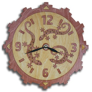 Gecko Lizard Group of Three Red Inlaid Wood on Rusted Steel Wall Clock