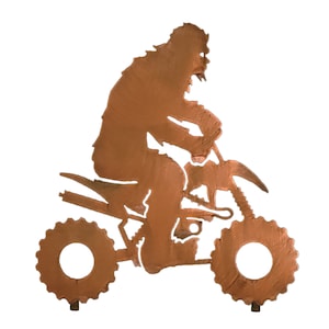 Bigfoot on Quad Statue Off Roader Sasquatch Metal Yard Art, Yeti on Cycle, Rust Finish, Made in America, Crooks Designs, Tucson, Arizona