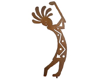 Kokopelli Golfing Yard Art, Left Facing, Southwest Metal Sculpture, Rust Finish