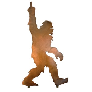 Bigfoot Statue Walking Flip Off Sign, Sasquatch Metal Yard Art, Yeti, Rust Finish, Crooks Designs, Handmade in America, Tucson, Arizona, USA