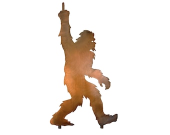 Bigfoot Statue Walking Flip Off Sign Sasquatch Metal Yard Art, Rust Finish