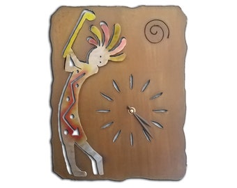 Handmade Kokopelli Golf Metal Wall Clock, Sunset Swirl Decor
