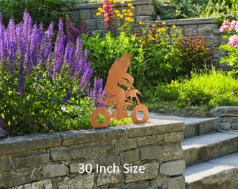 Sasquatch on Quad Statue Off Roader Bigfoot Metal Yard Art, Yeti on Cycle, Rust Finish, Made in America, Crooks Designs, Tucson, Arizona