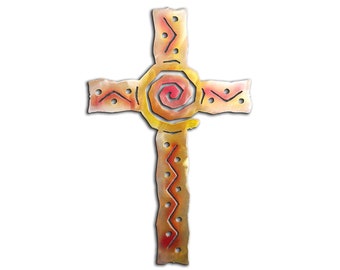 Cross, Crucifix Decor, Southwest Metal Wall Art, Sunset Swirl Finish, Decor, Handmade, USA