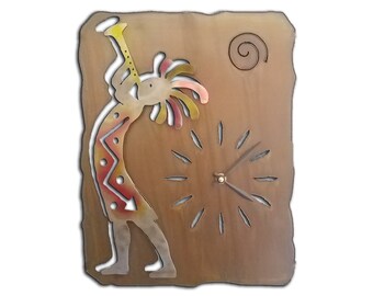 Trumpet Kokopelli, Southwest Cut Out Clock, Sunset Swirl Finish, Steel, Metal Wall Art, Wall Hanging, Decor, Handmade, USA