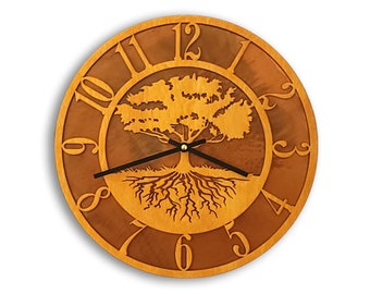 Tableau Tree of Life Clock, Tree of life Wall Clock with Wood Face Mounted on Rusted Steel Back