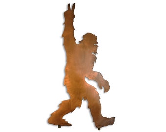 Bigfoot Walking Statue Peace Sign, Sasquatch Metal Yard Art, Yeti Garden Statuary, Rust Finish, Handmade in USA, Crooks Designs, Made in USA