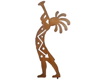 Kokopelli Trumpet Yard Art, Left Facing, Southwest Metal Sculpture, Rust Finish