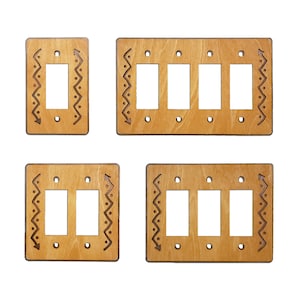 May include: Four wooden light switch covers with a decorative border. The covers are in various sizes, with one, two, and three switches.