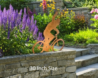 Sasquatch on Bike Statue Horns Sign, Bigfoot Metal Yard Art, Yeti Garden Sculpture, Rust Finish, Handmade in Arizona, USA, Crooks Designs