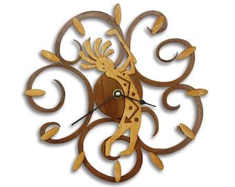 Kokopelli Golf Southwest Swirl Gold Wood on Rusted Steel Wall Clock - Choose from 11 1/4 or 17 1/2 Inch