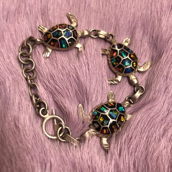 Silver multi turtle braclet featuring iridescent … - image 2