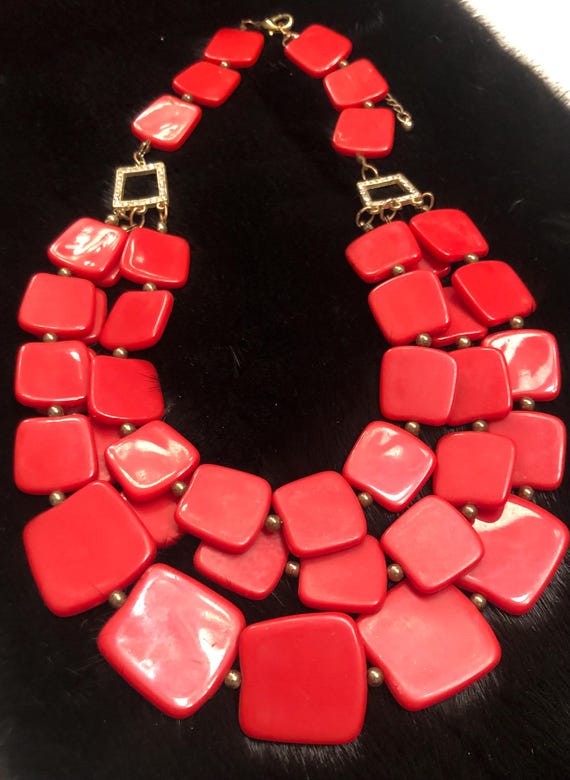 Red square plastic bead Multistrand necklace - image 2