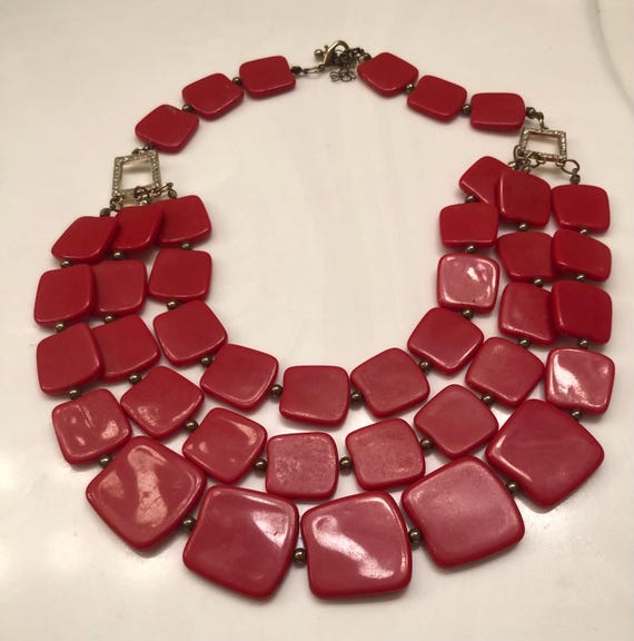 Red square plastic bead Multistrand necklace - image 1