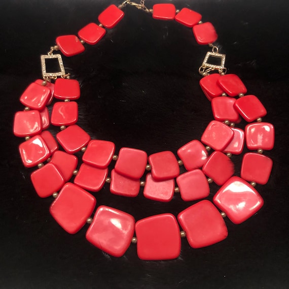 Red square plastic bead Multistrand necklace - image 3