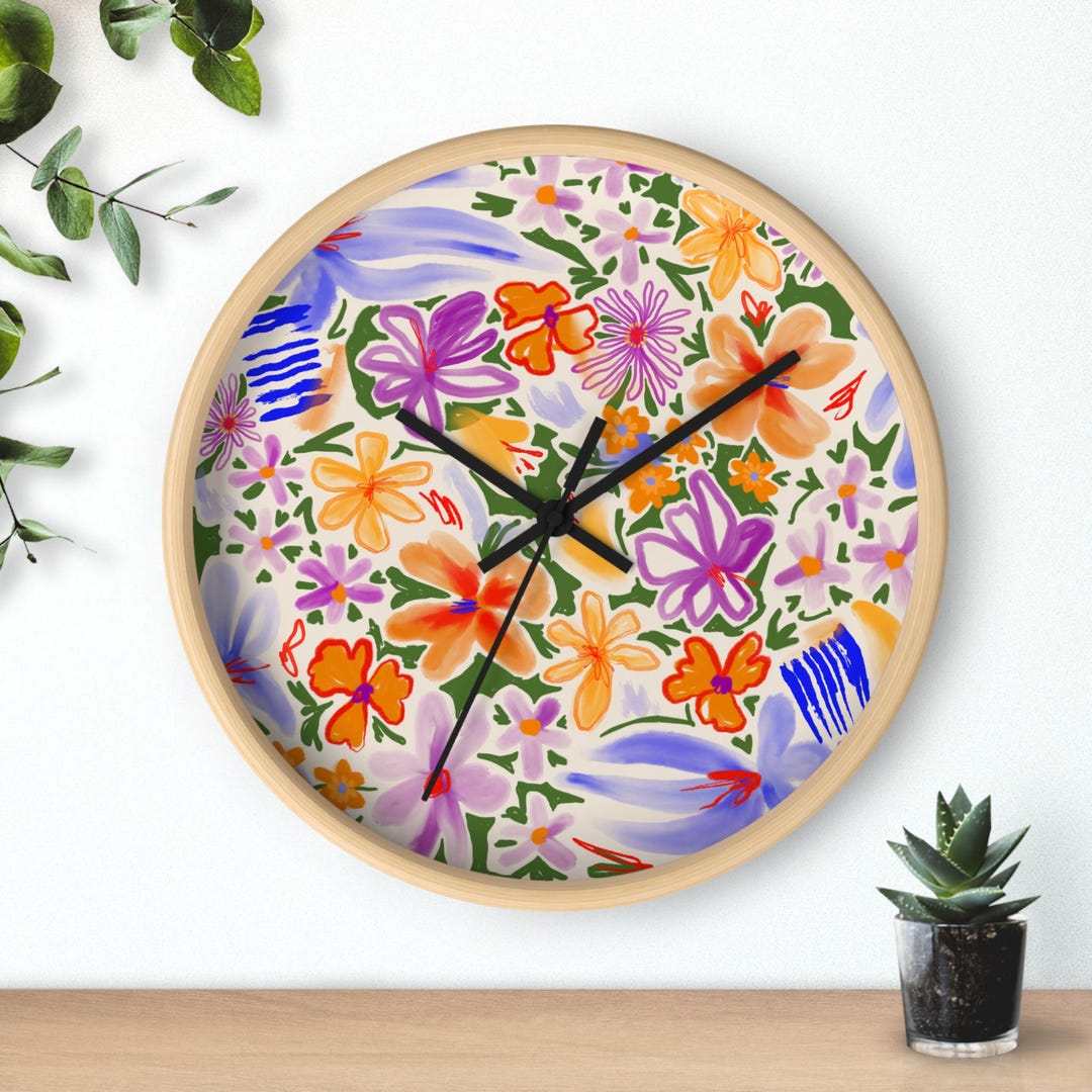 Watercolor Floral Maximalist Wall Clock | Colorful Spring Flower Decor ...