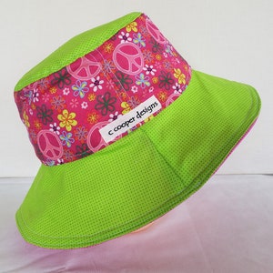 Reversible Bucket Hat- 6-8 years-Pink Peace Signs-Girls-Kids Sun Hat-Kids Bucket Hat