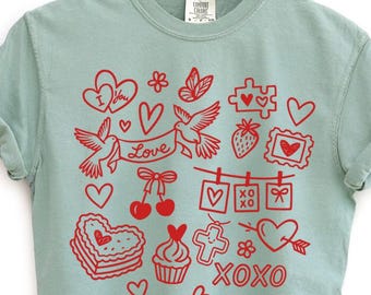 Valentine Doodles Collage Comfort Colors Tee - Valentine Christian Doodle Shirt, Love One Another Tee, Jesus Love Faith Based Shirt