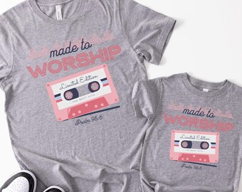 Camiseta cristiana retro para niños con casete "Hecho para adorar": Camiseta con música de adoración de los 90