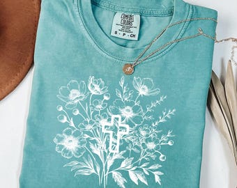 Great is Thy Faithfullness Comfort Colors® Shirt - Minimalist Christian Boho Faith Tee, Christianity Shirt, Floral Cross Graphic Tee