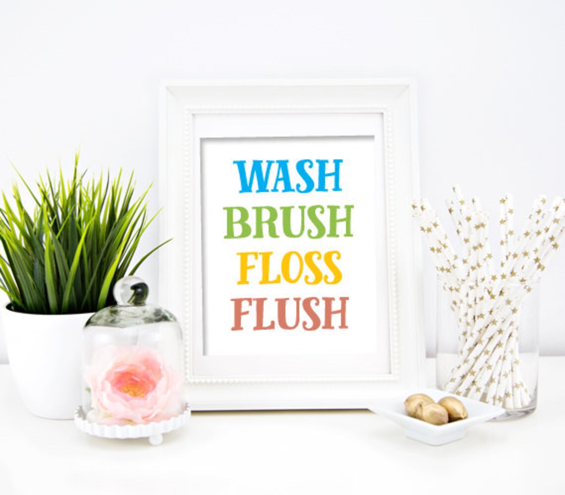 Wash Brush Floss Flush Bathroom Printable Bathroom Print - Etsy